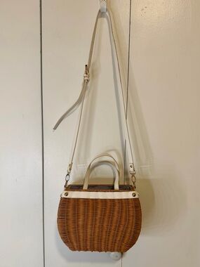 Woven Rattan Crossbody Bag with Cream Trim